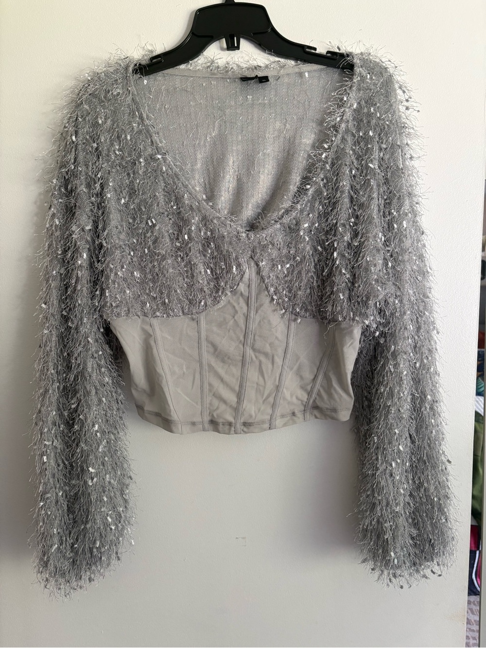 SHEIN Silver-Gray Fuzzy Shimmer Corset Top